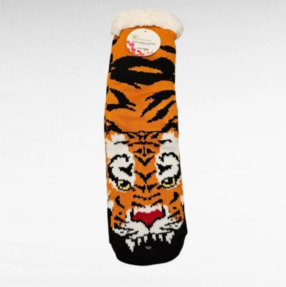 Tiger Sherpa Lined Slipper Socks Non Skid One Size
